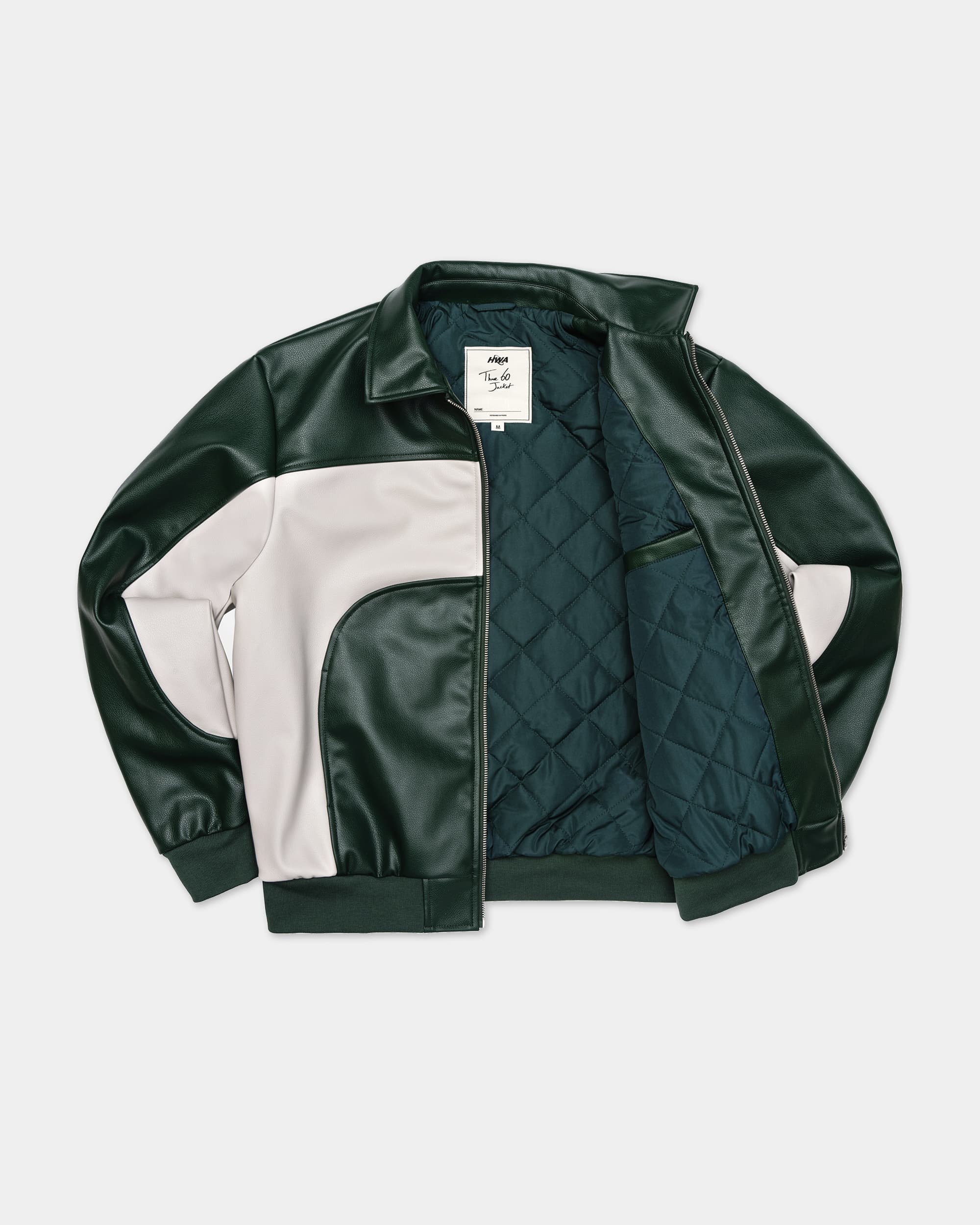 Three 60 green leather jacket, close-up