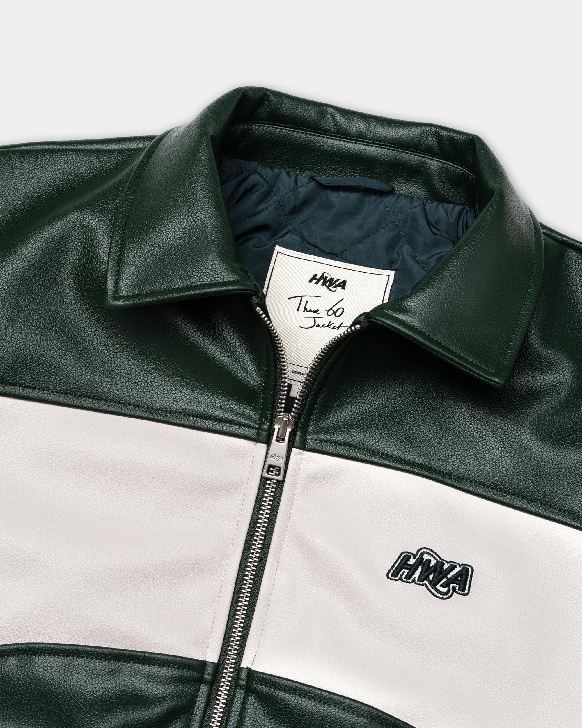 Three 60 green leather jacket, front close-up