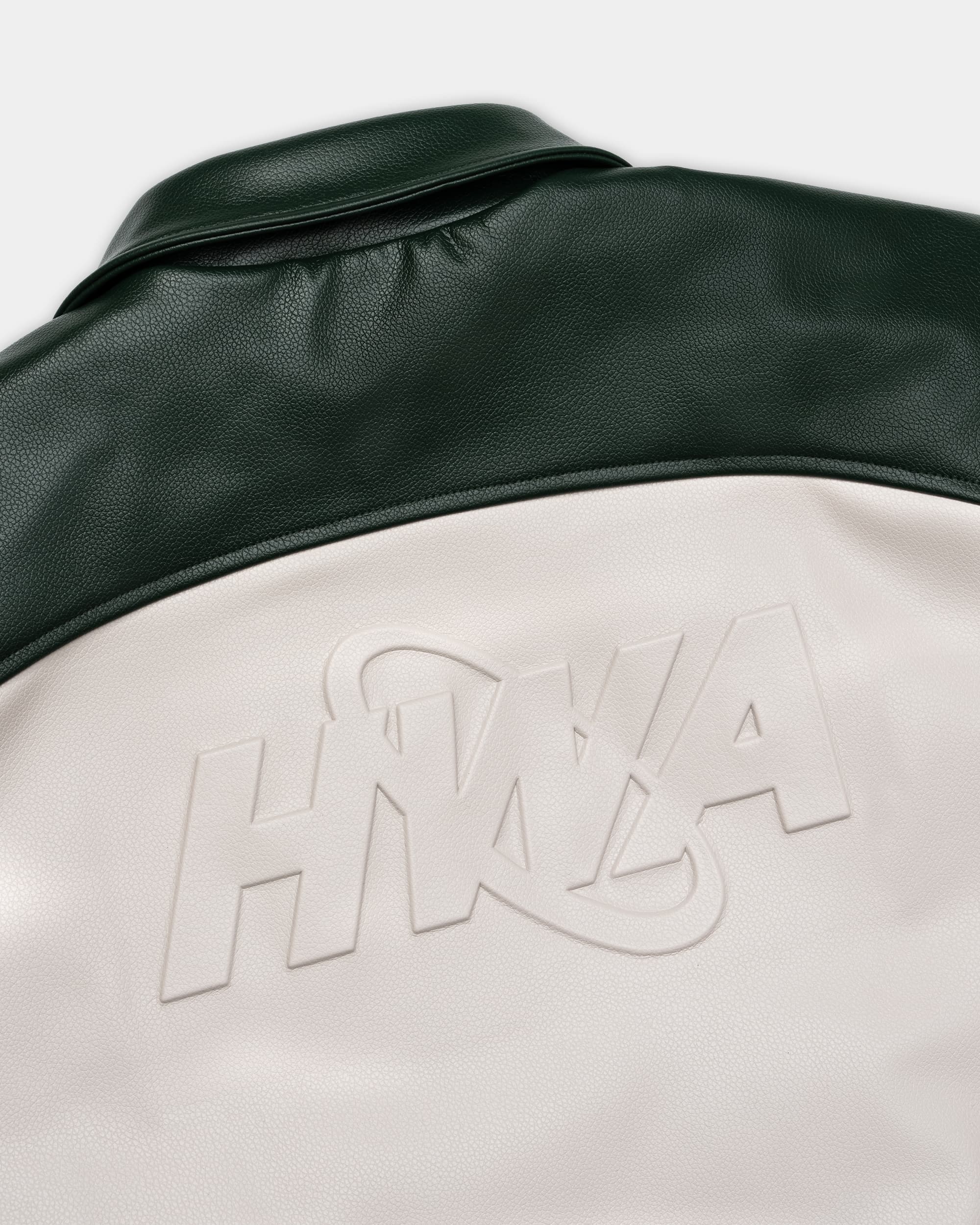 Three 60 green leather jacket, back close-up