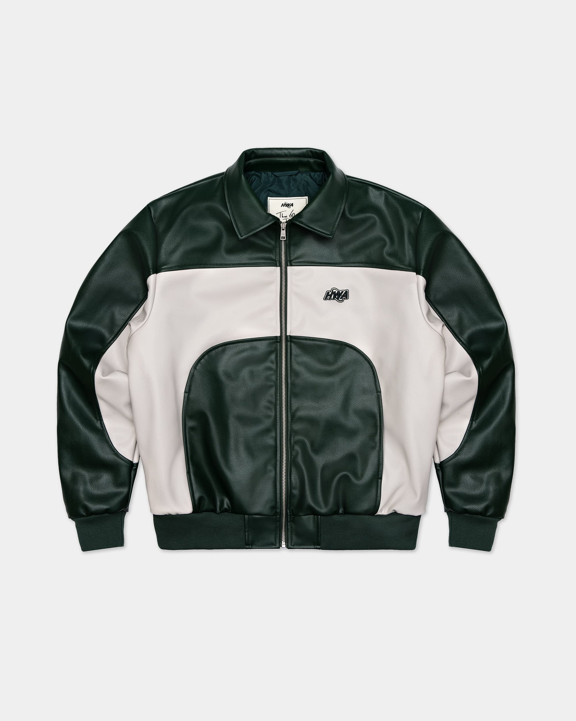 Three 60 green leather jacket, front view