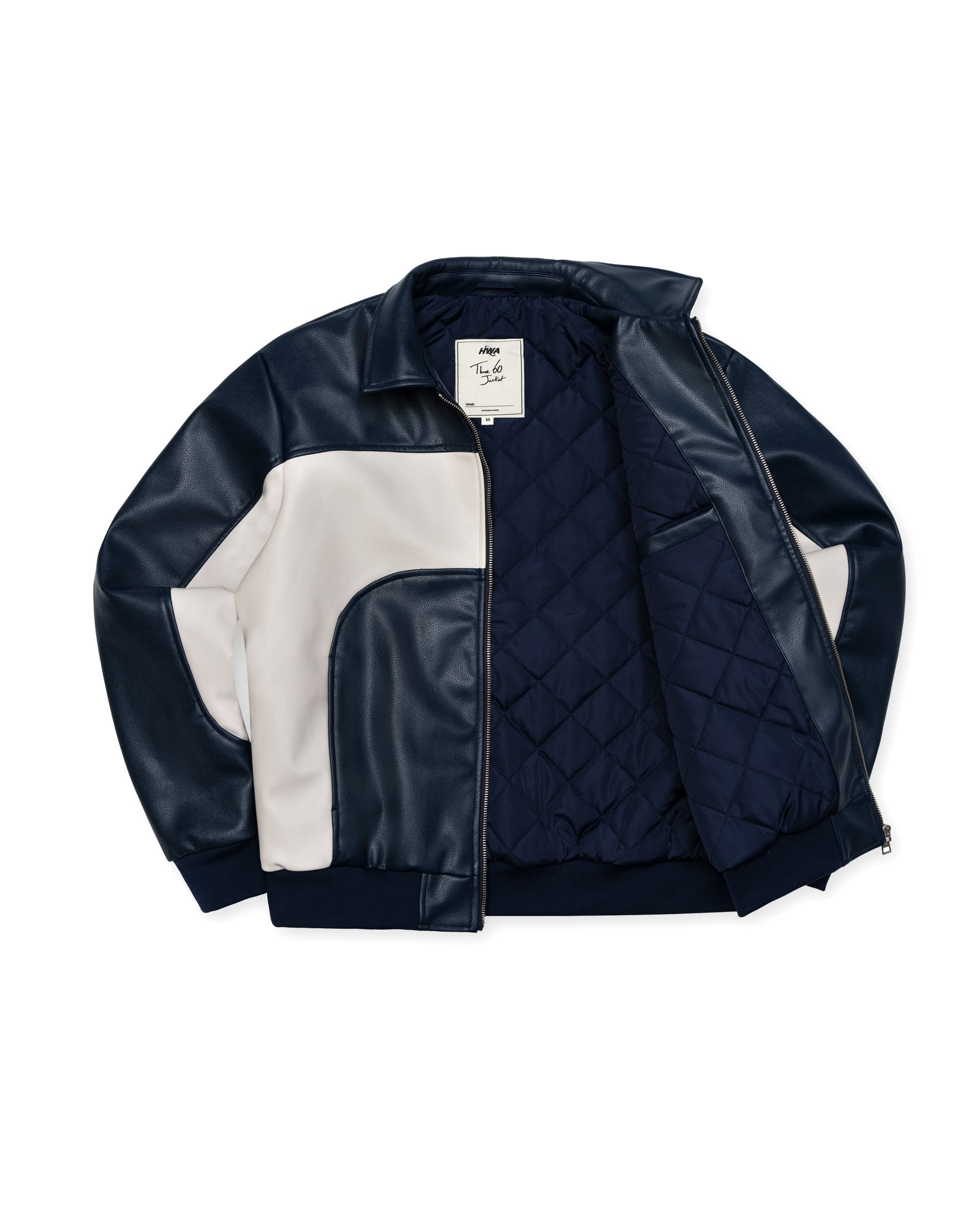 Three 60 blue leather jacket, close-up