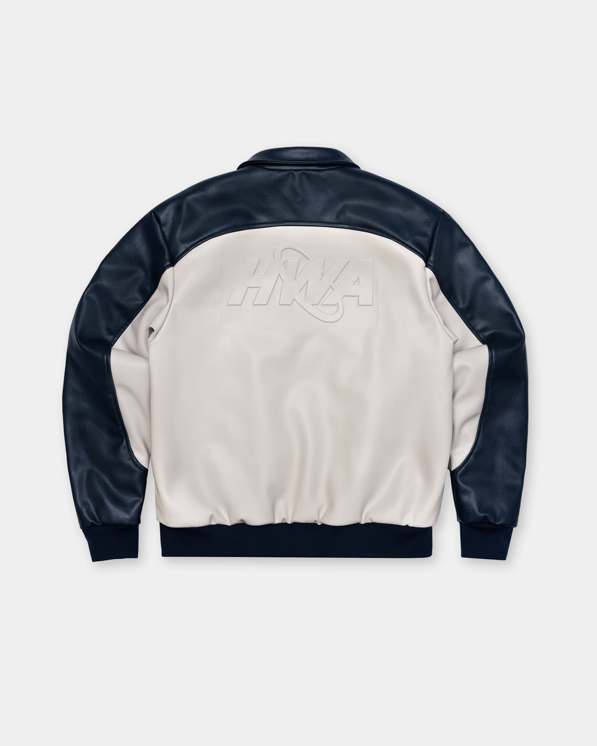 Three 60 blue leather jacket, back view