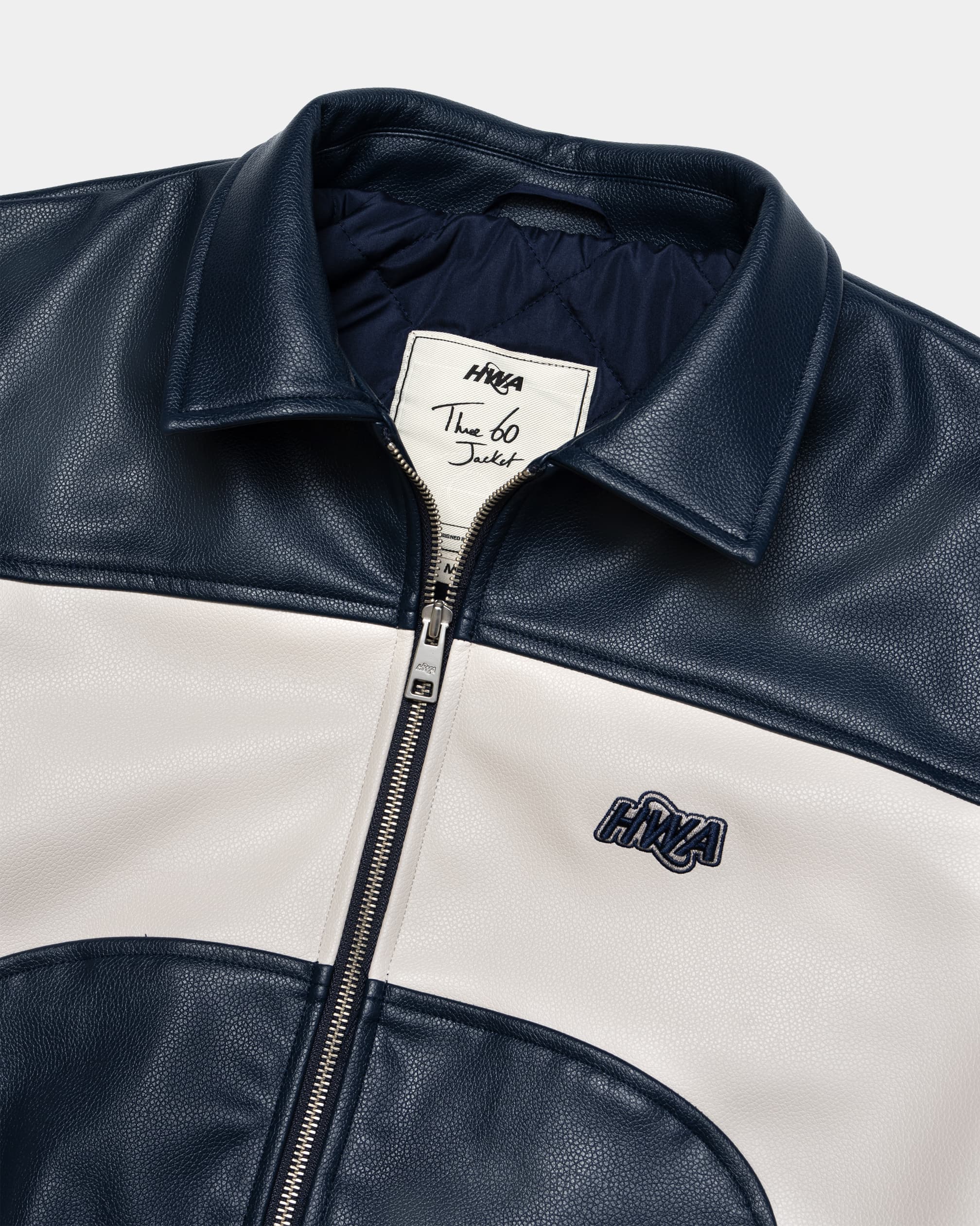 Three 60 blue leather jacket, front close-up