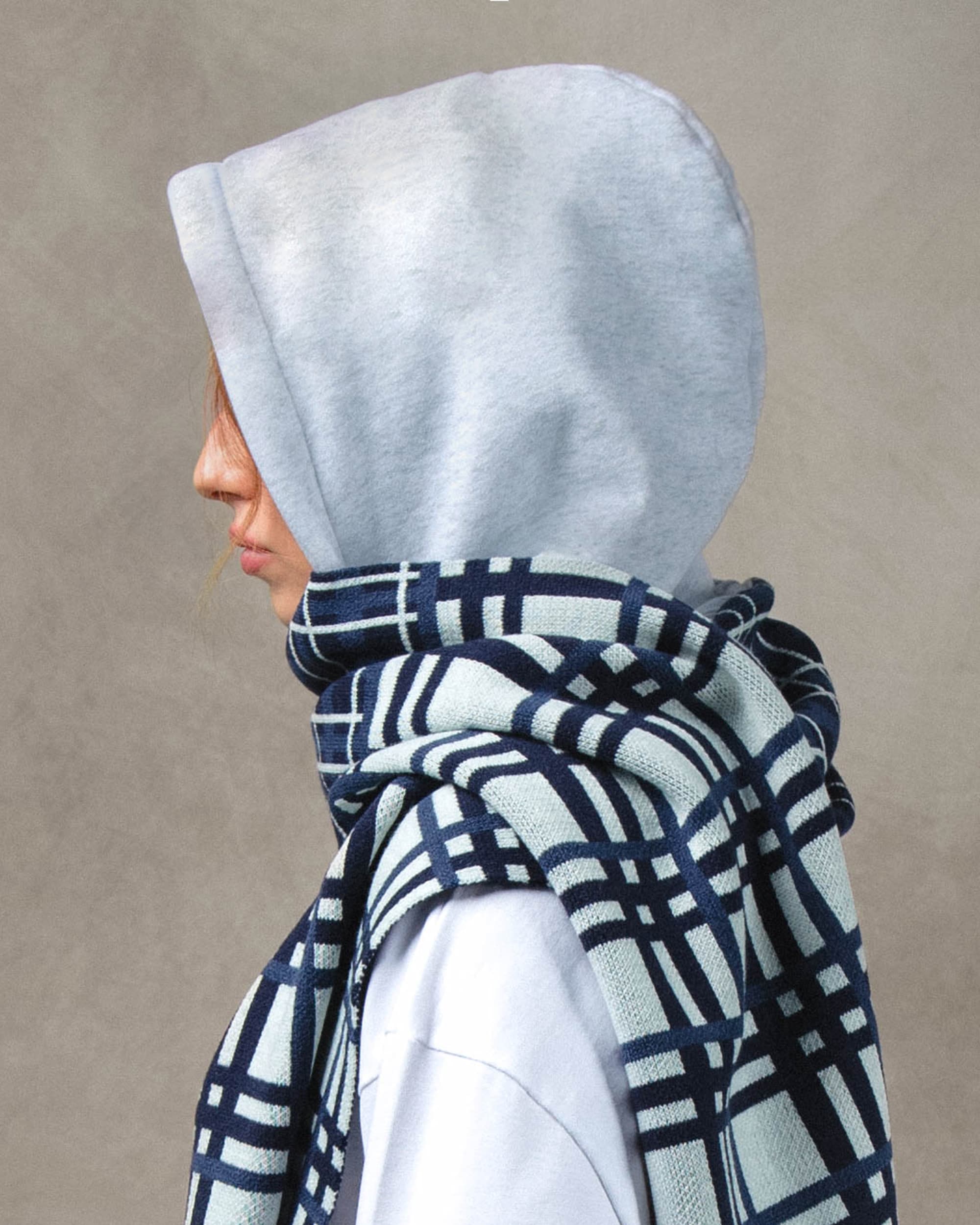 Blue tartan hooded scarf, check-pattern detail