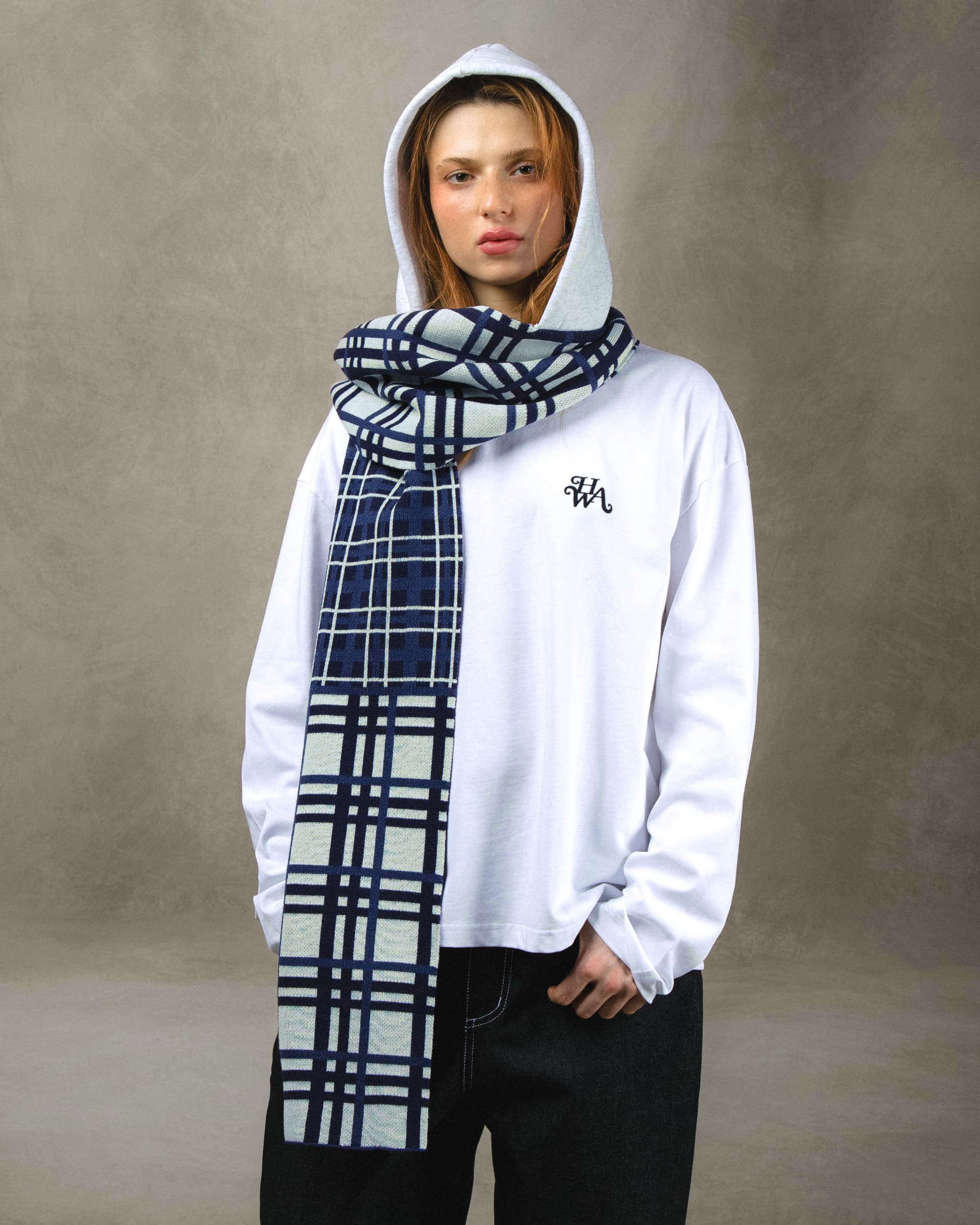 Blue tartan hooded scarf, lifestyle view