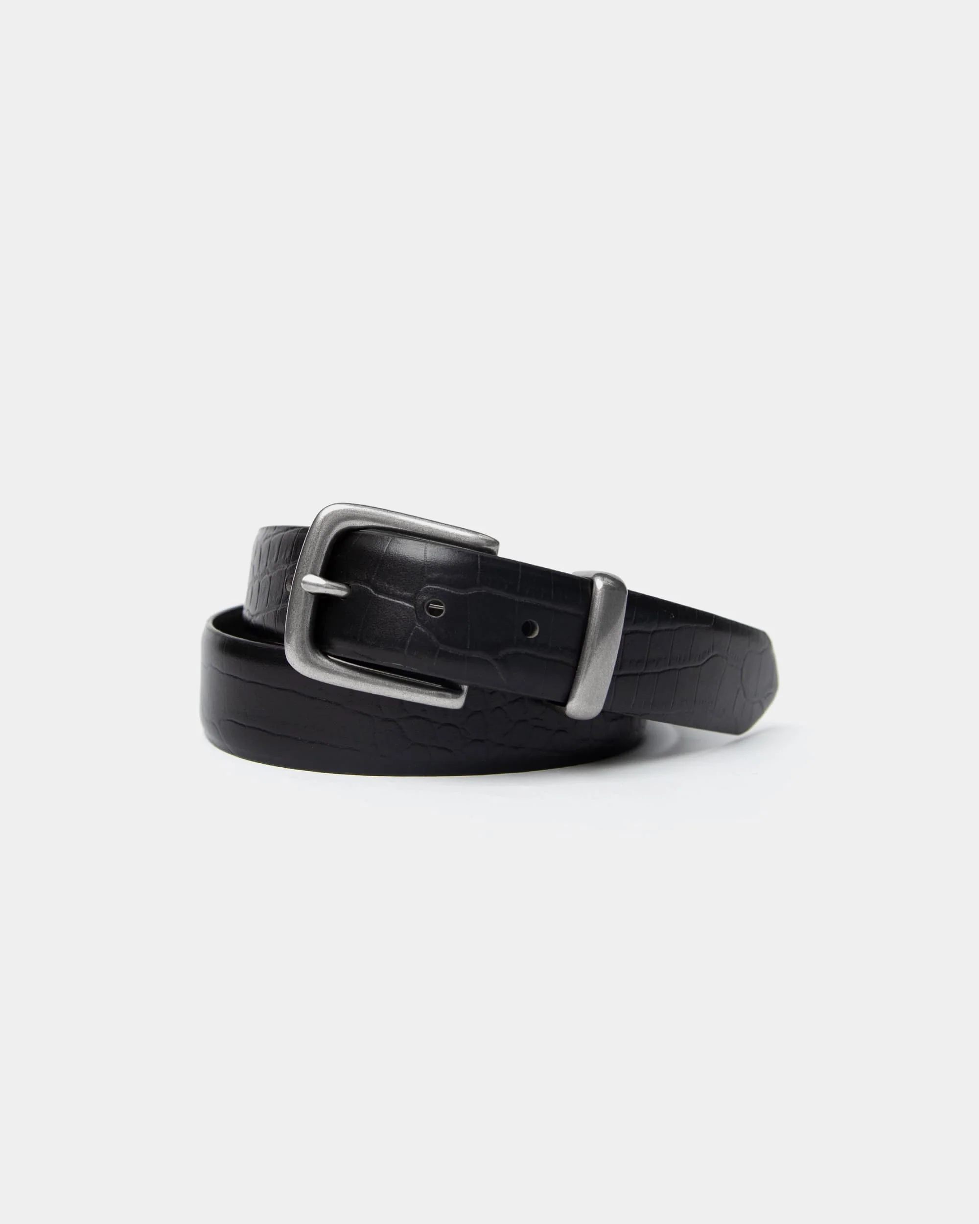 Crocodile-effect leather belt with key ring