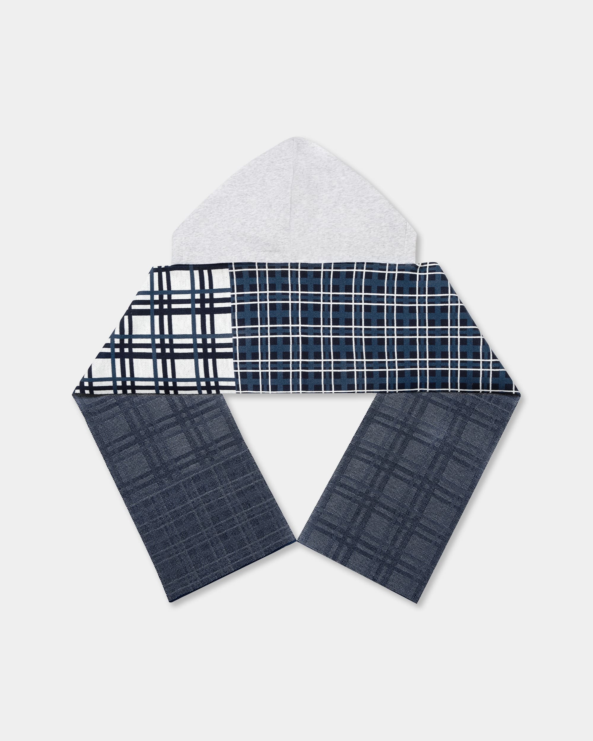 Blue tartan hooded scarf, back lifestyle view