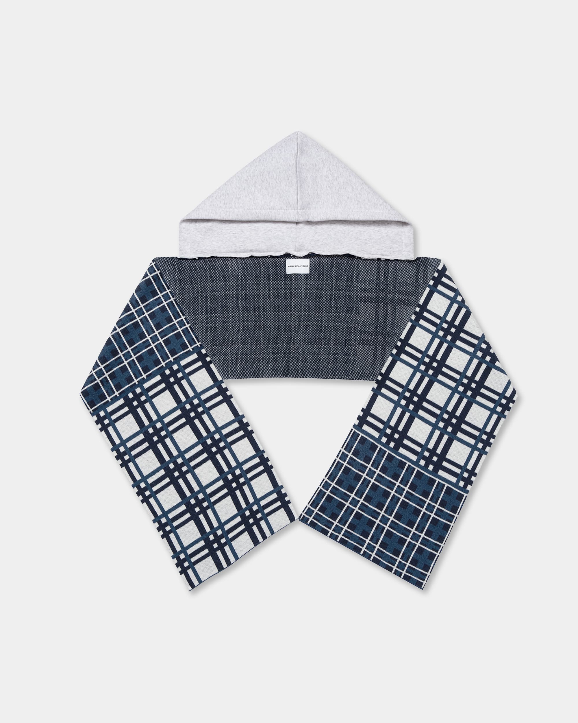 Blue tartan trompe-l'oeil hooded scarf, front view"