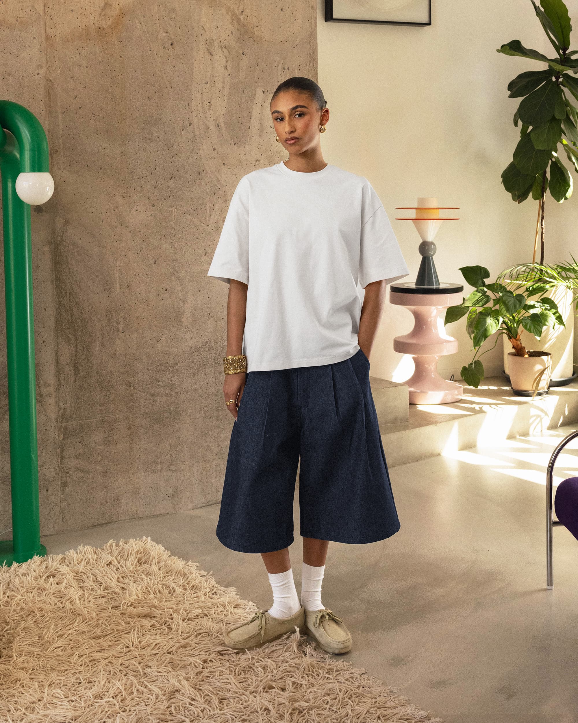 Pleated Onigiri Jorts - Raw Indigo