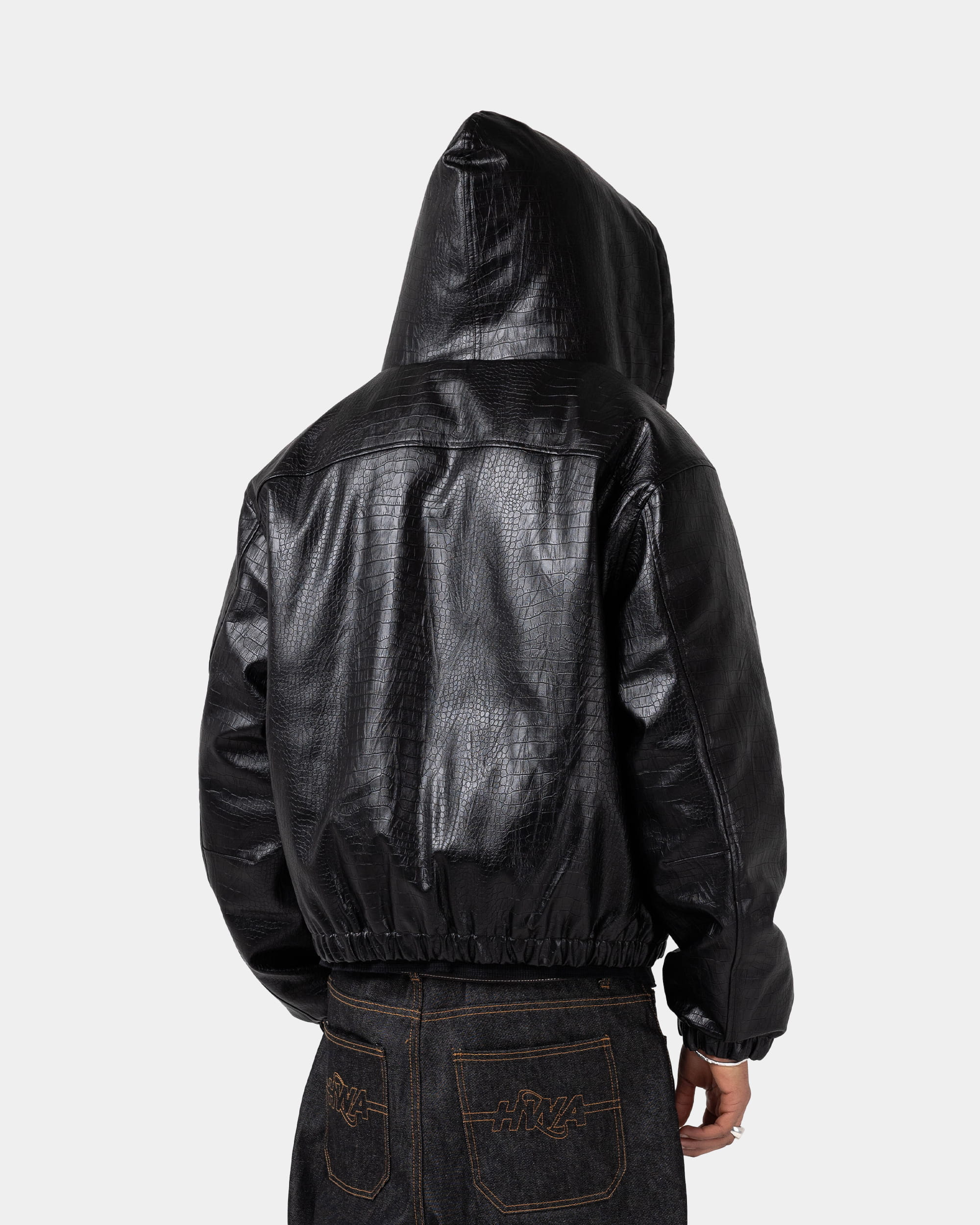 Black hooded jacket with crocodile-effect finish