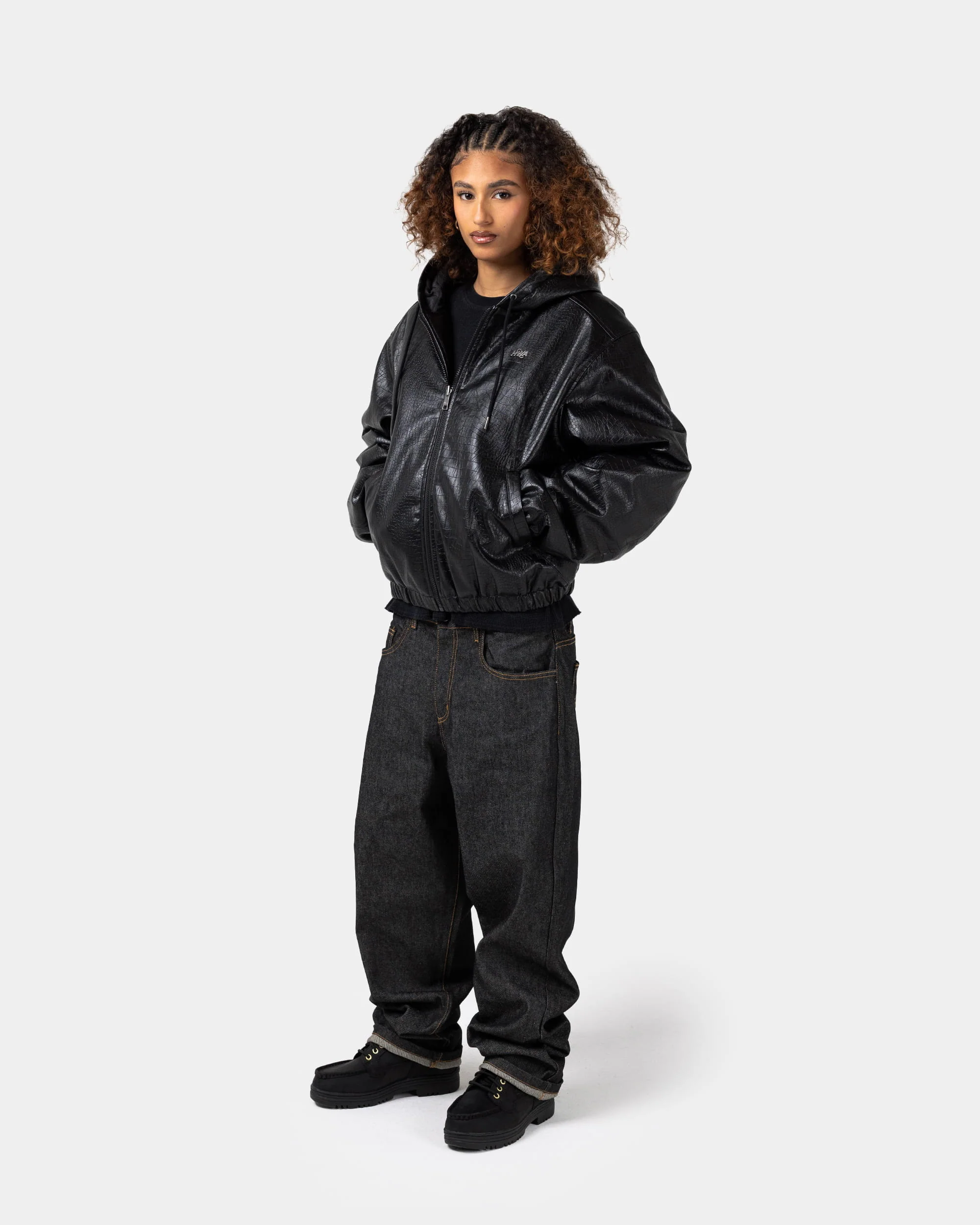 Black hooded jacket with crocodile-effect finish