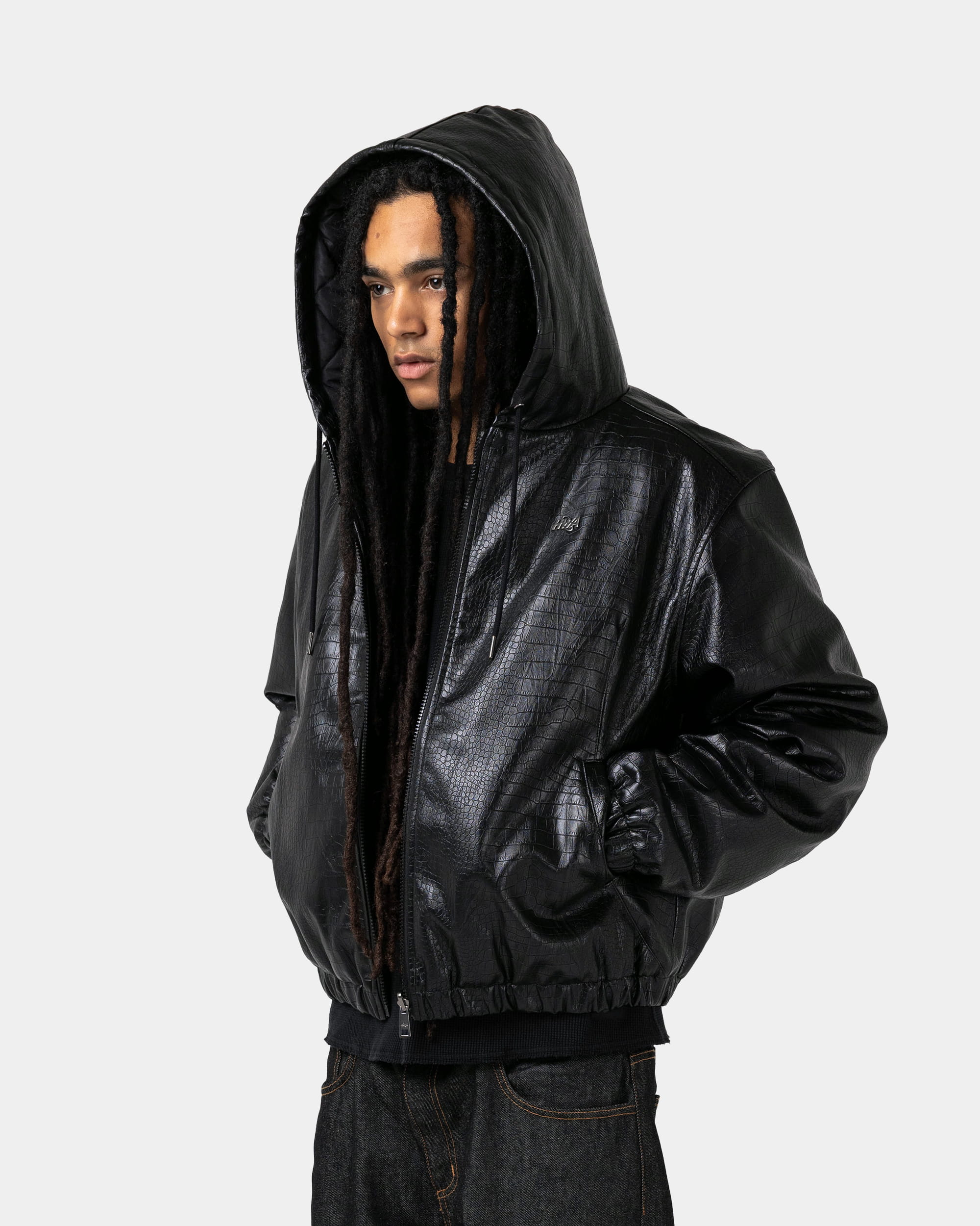 Black hooded jacket with crocodile-effect finish