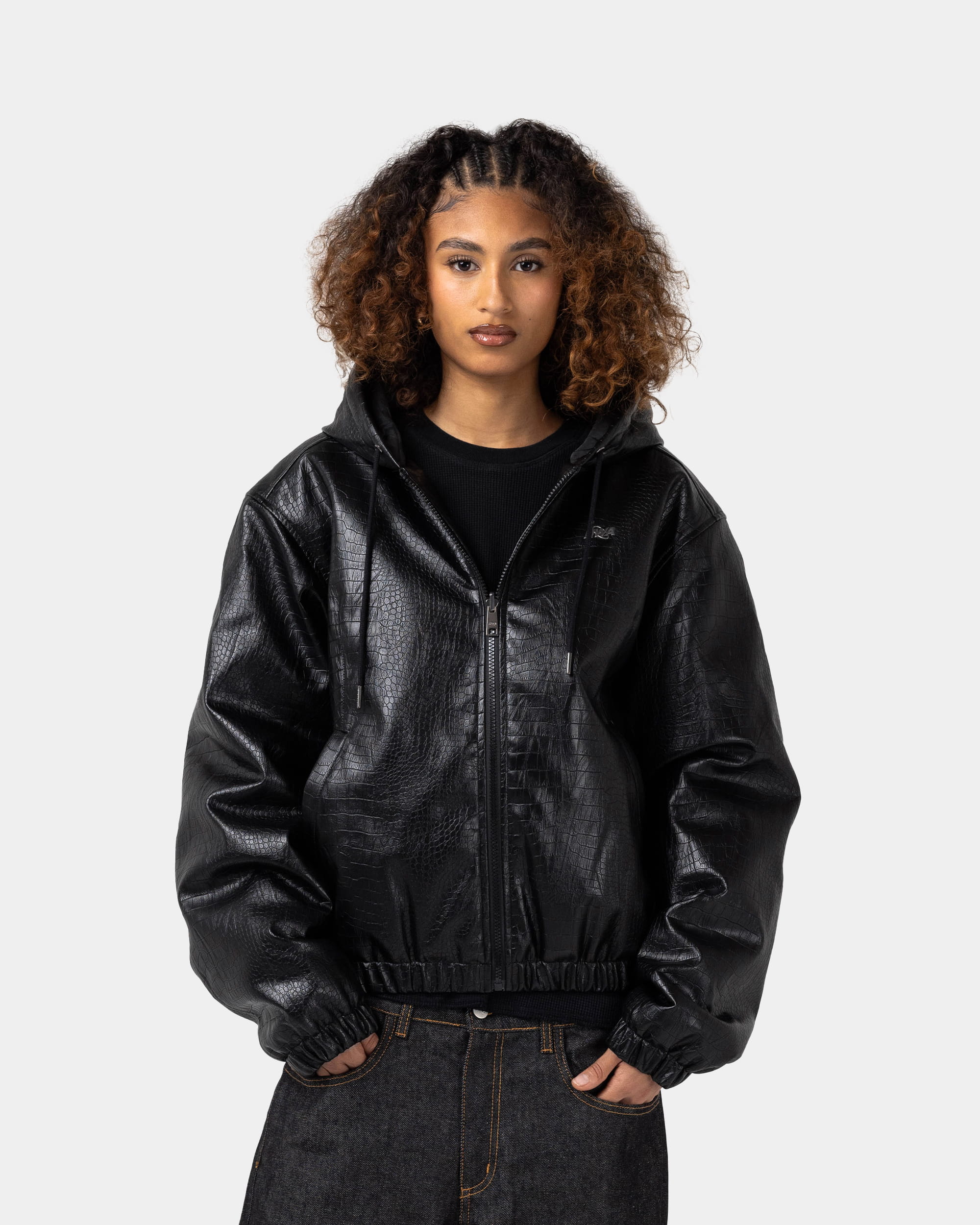 Black hooded jacket with crocodile-effect finish