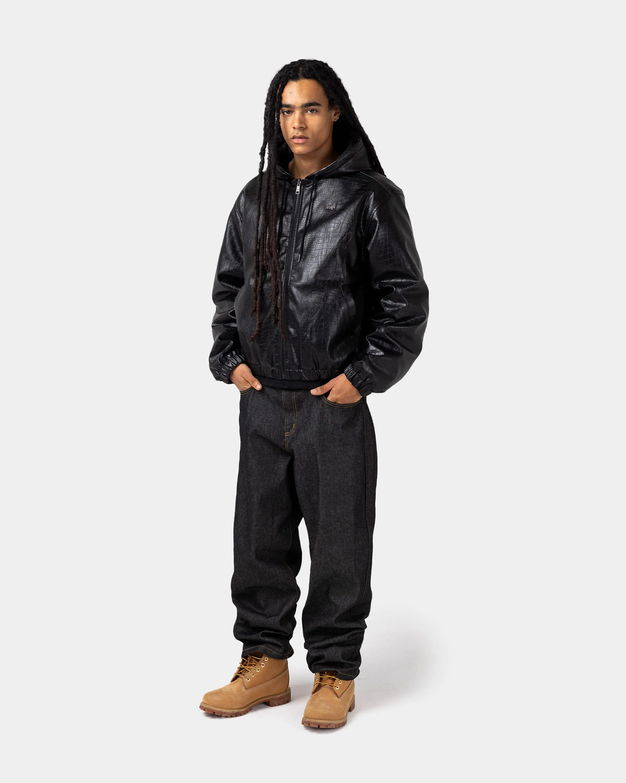Black hooded jacket with crocodile-effect finish