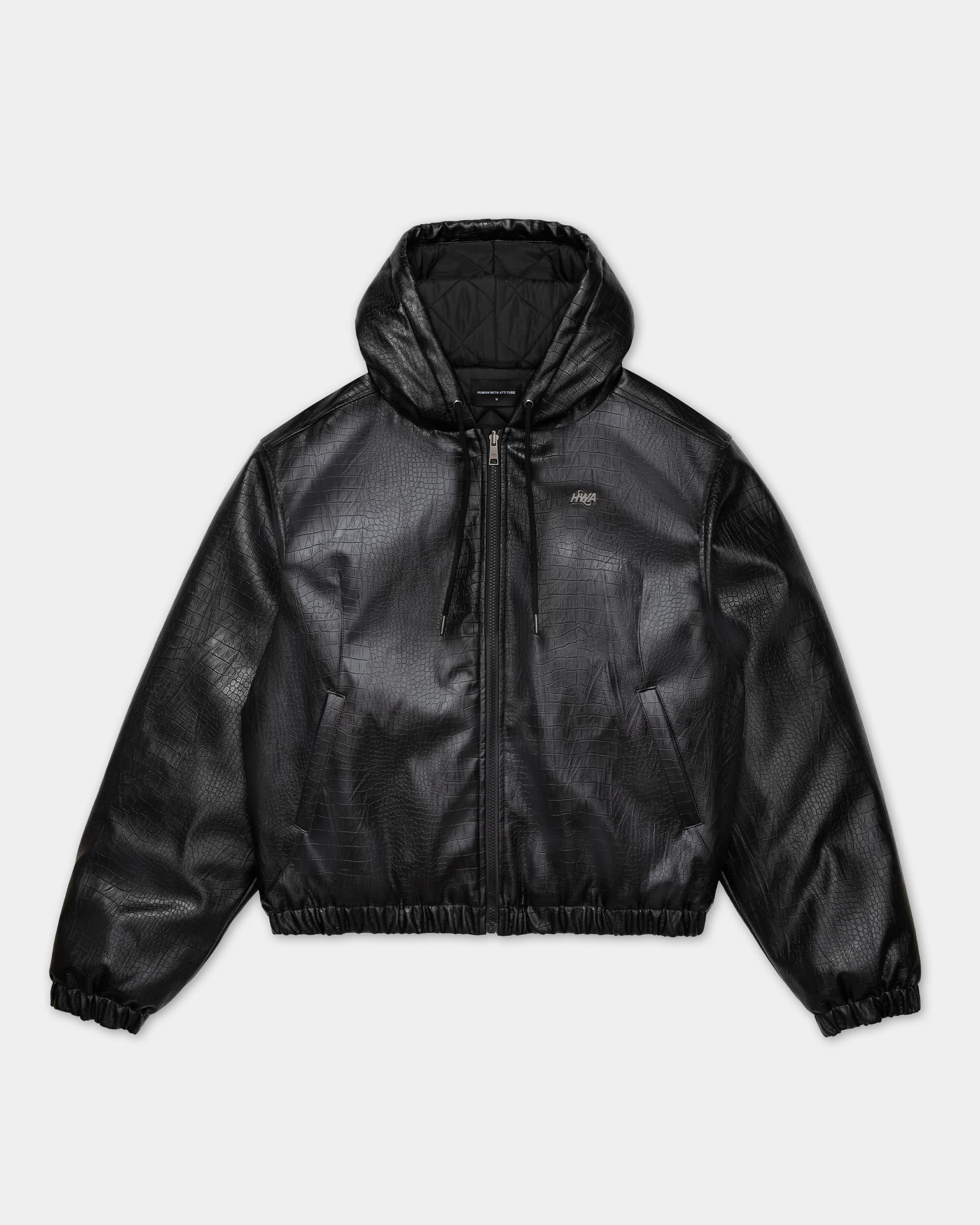 Black hooded jacket with crocodile-effect finish