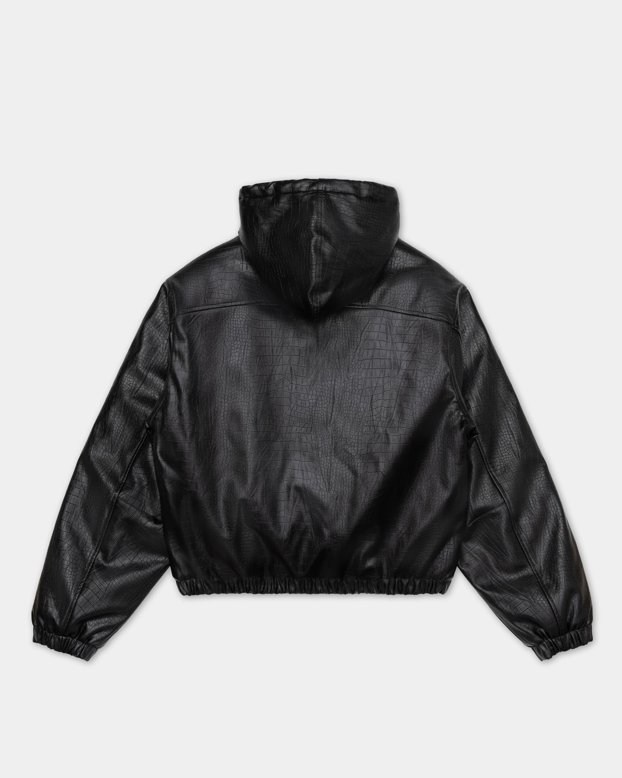 Black hooded jacket with crocodile-effect finish