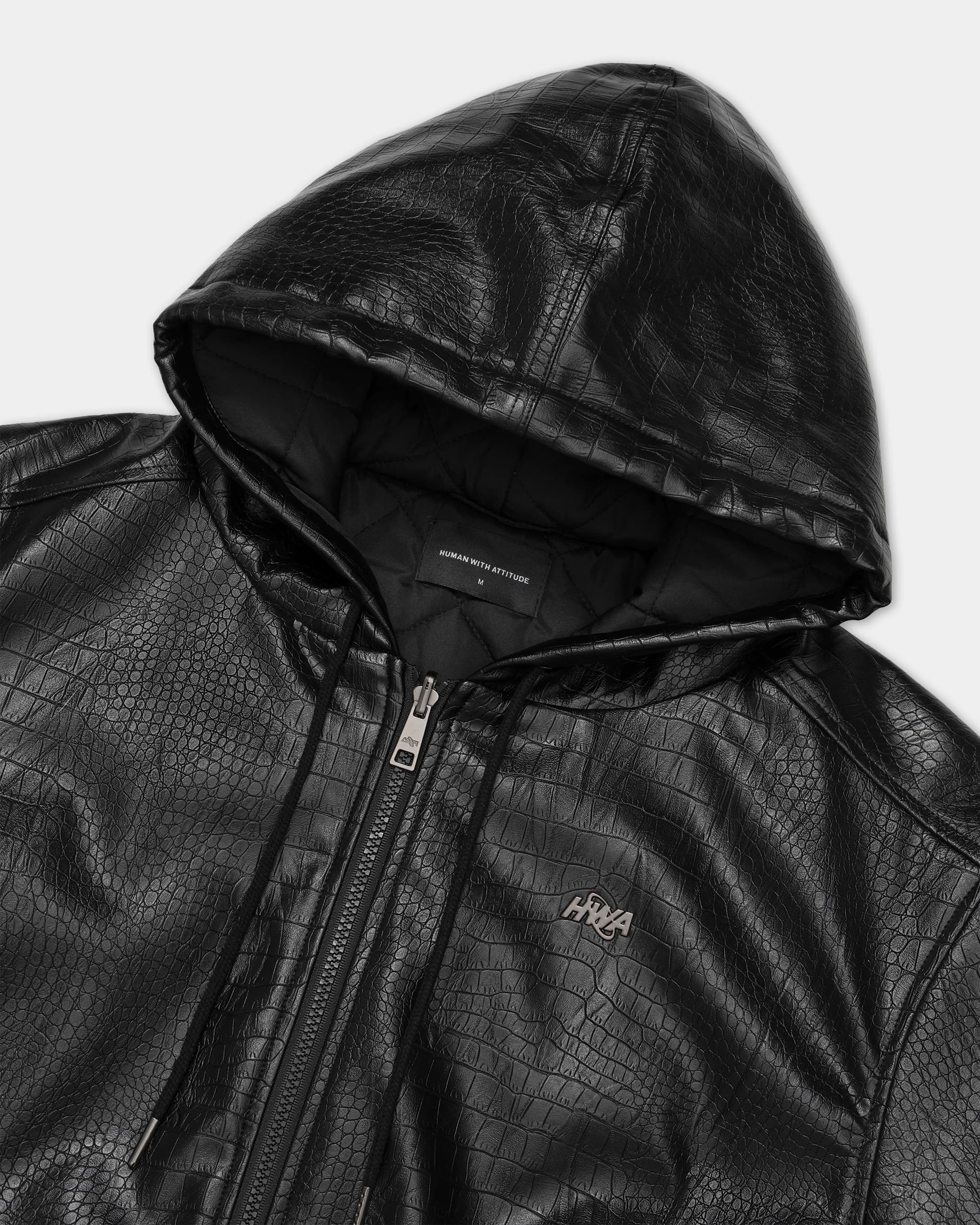 Black hooded jacket with crocodile-effect finish