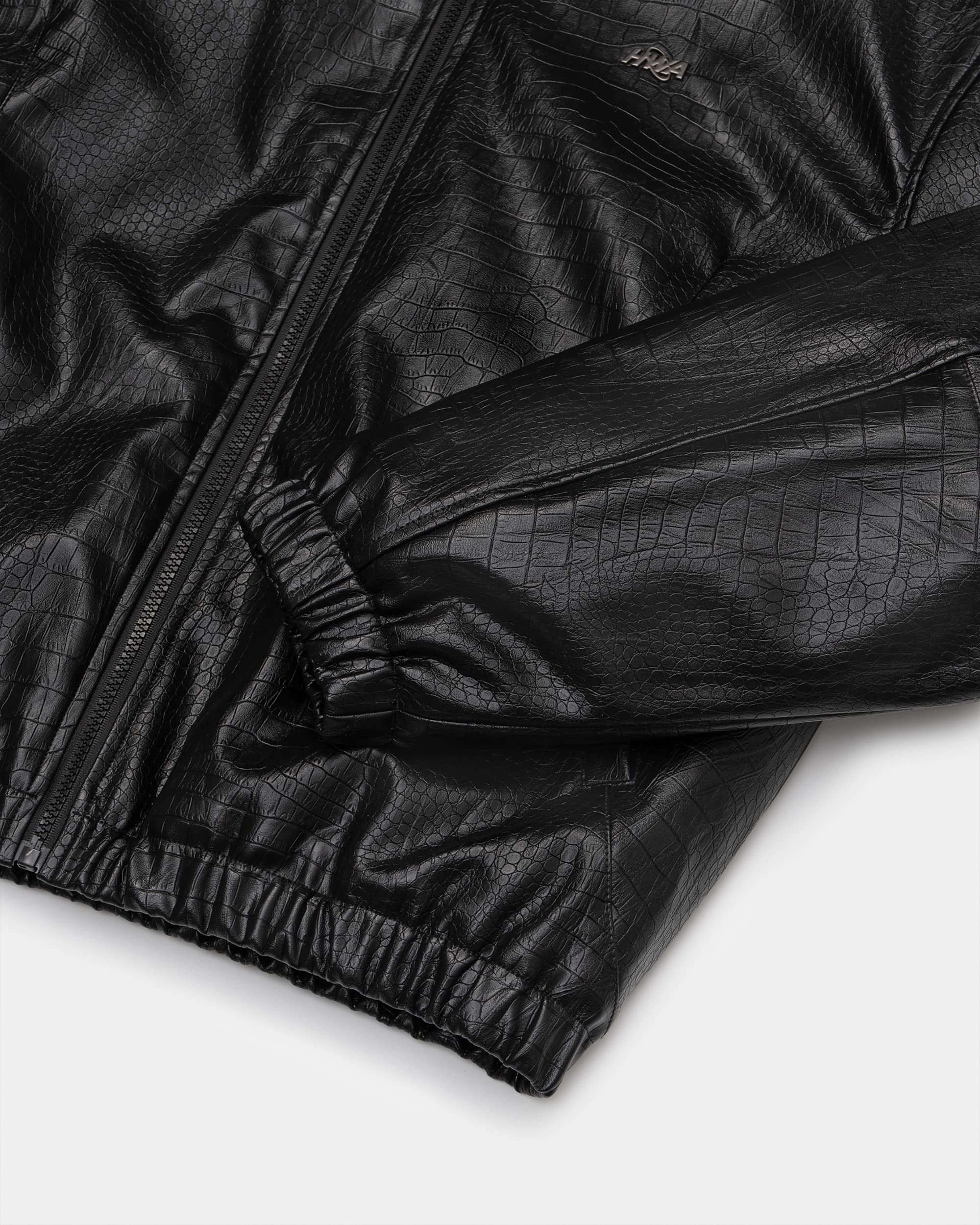 Black hooded jacket with crocodile-effect finish