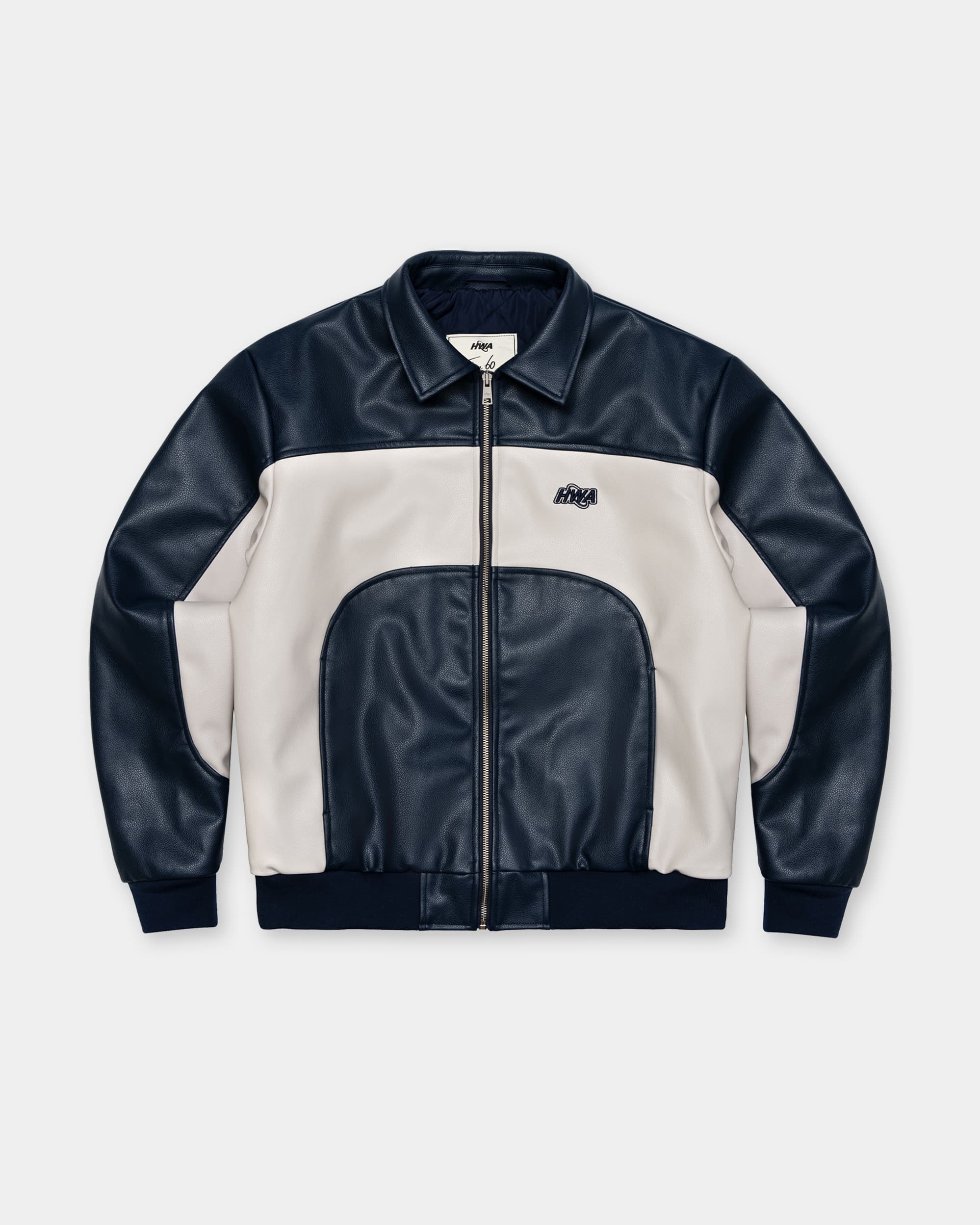 Three 60 blue leather jacket, front view