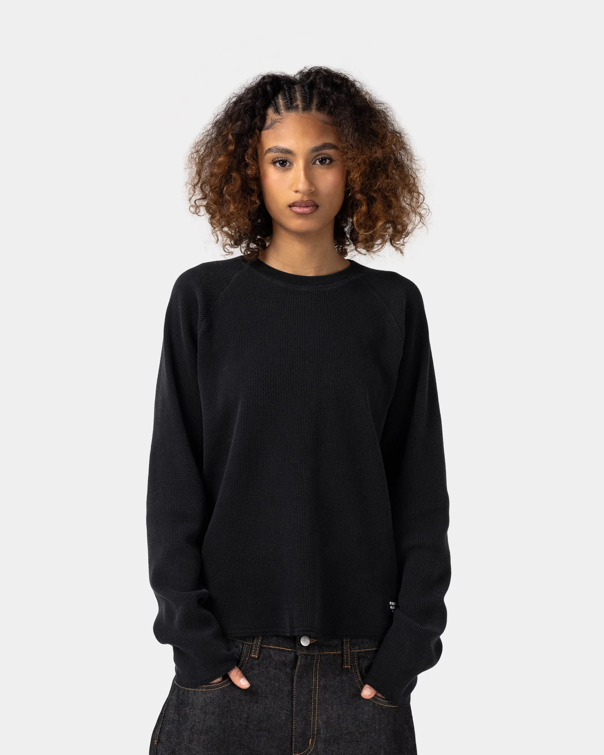 Long-sleeved waffle knit T-shirt - Washed black