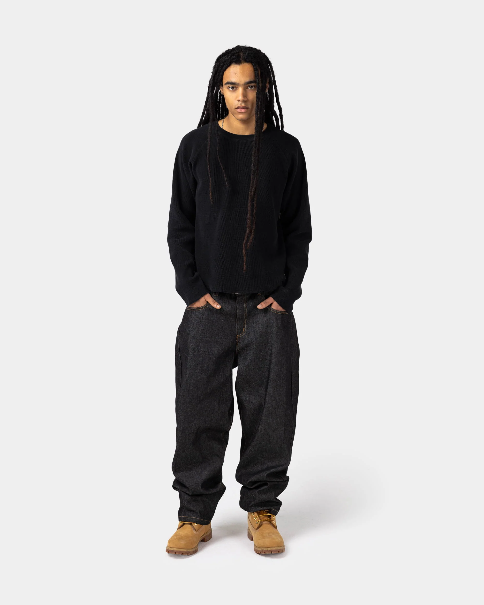 Long-sleeved waffle knit T-shirt - Washed black