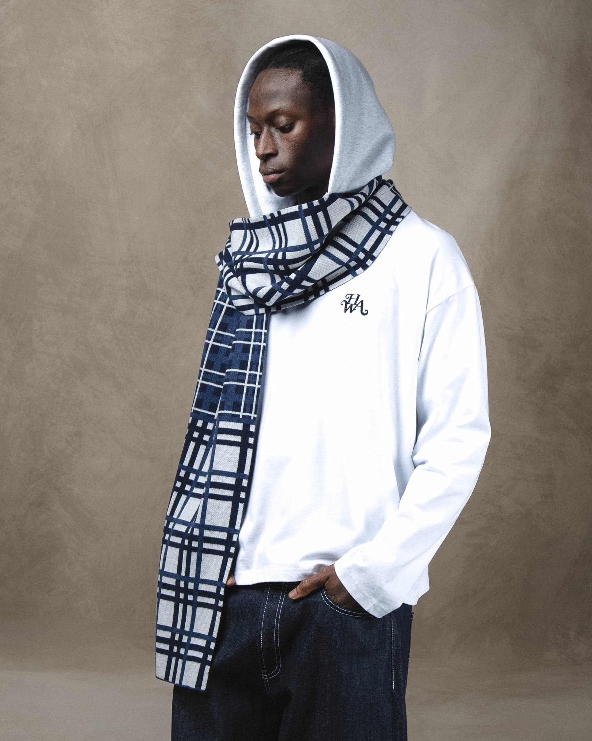 Blue tartan hooded scarf, worn lifestyle view