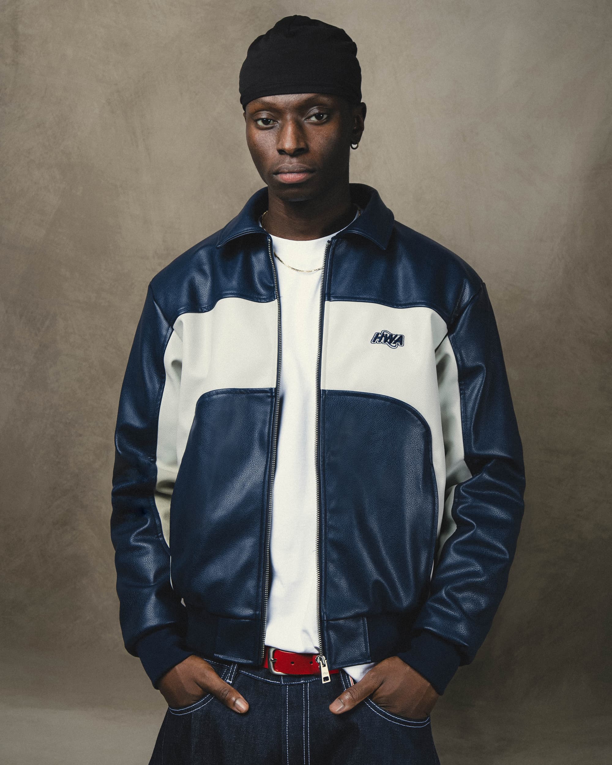 Three 60 blue leather jacket, lifestyle view