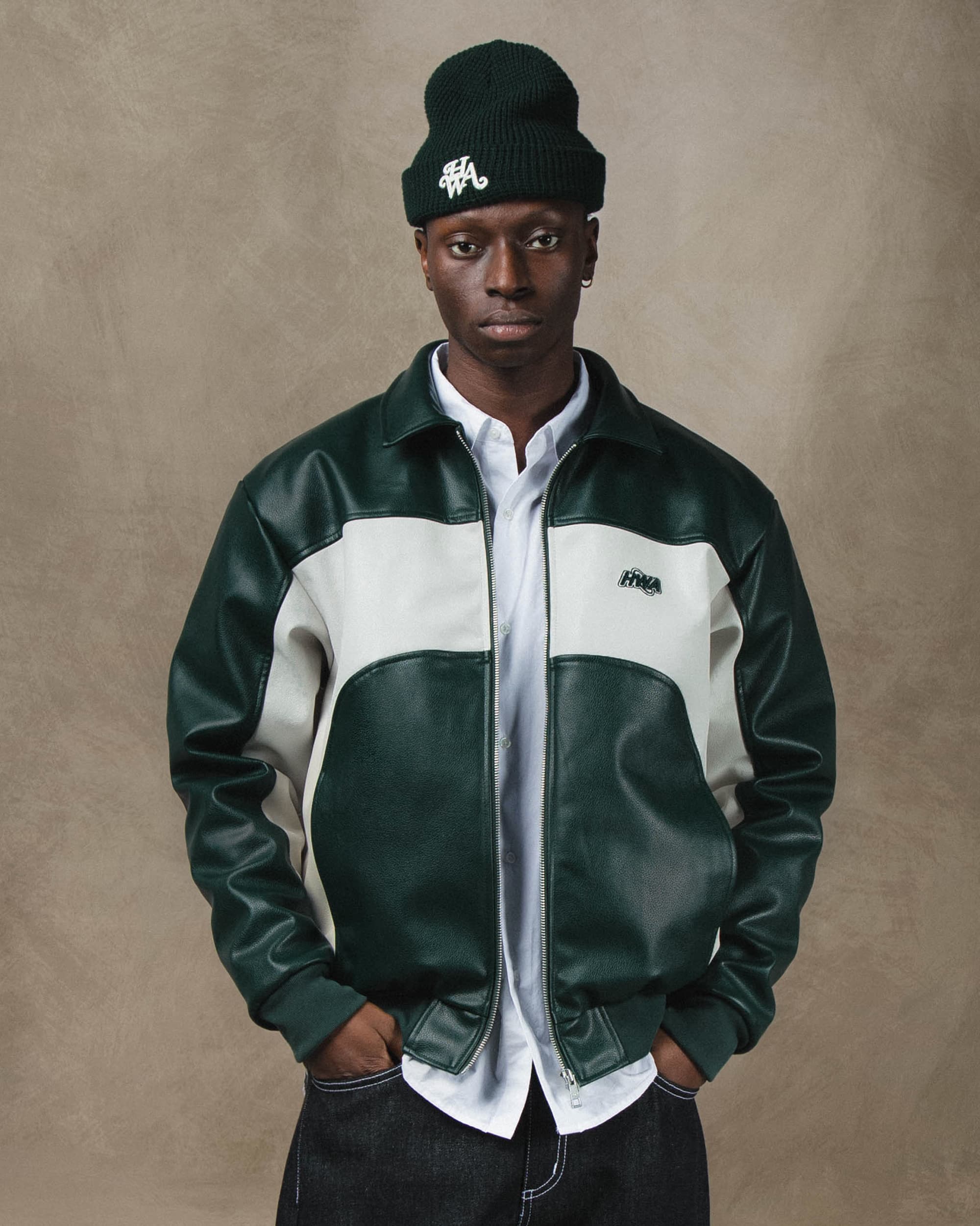 Three 60 green leather jacket, lifestyle view