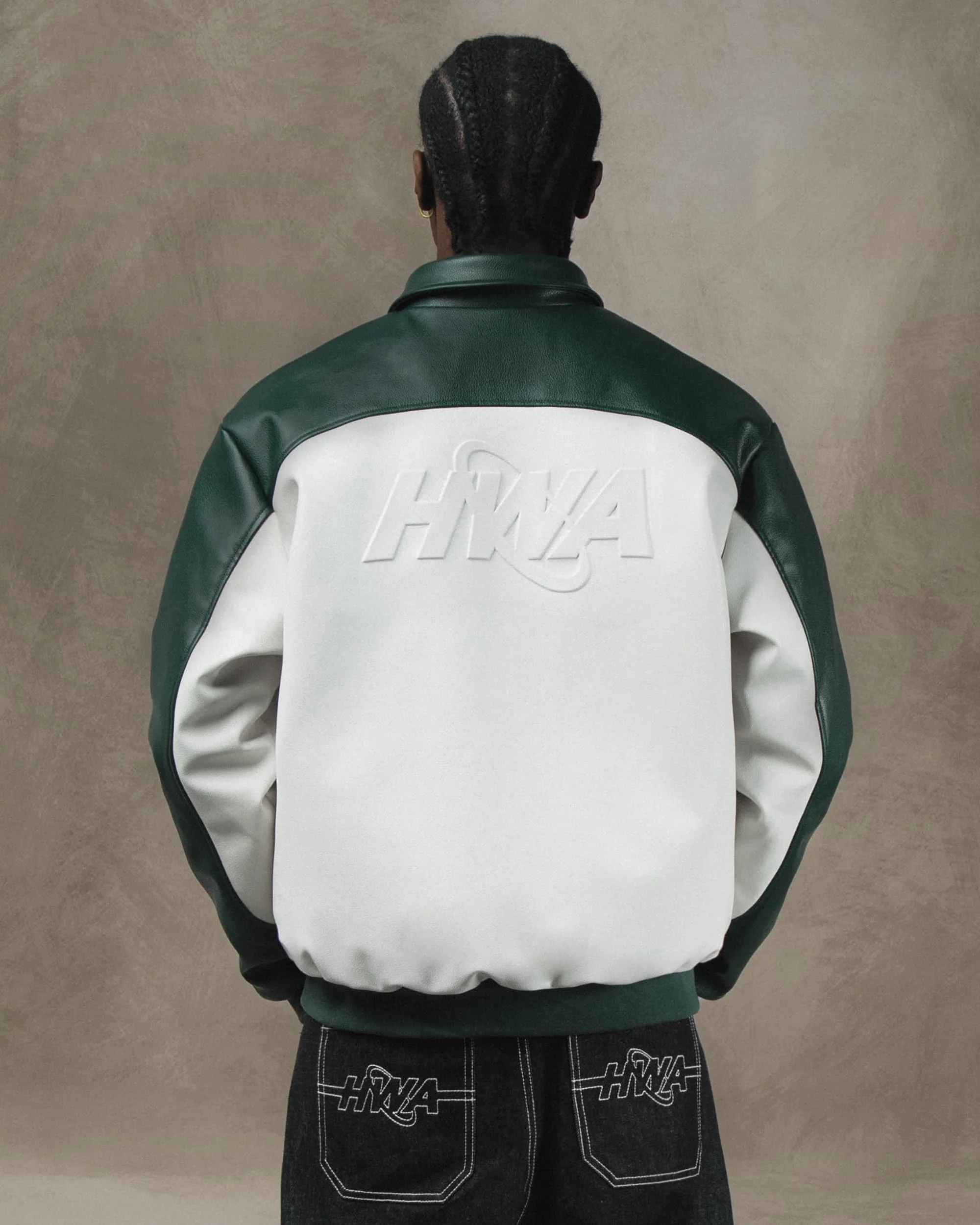 Three 60 green leather jacket, back lifestyle view